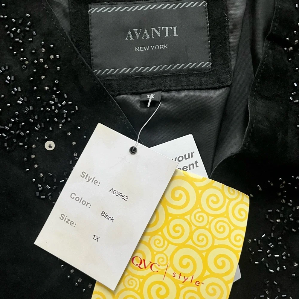 Avanti Suede Beaded Jacket sz 1X leather boho black duster holiday NYE long line - Picture 3 of 5
